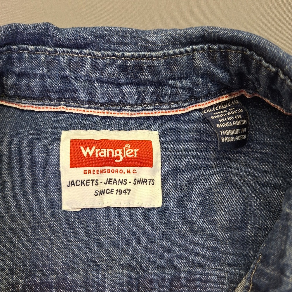 Wrangler Mens Blue Denim Western Pearl Snap Long Sleeve Shirt 2XL rodeo cowboy - Picture 2 of 9